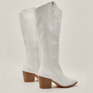 Nasty Gal Faux Leather Knee-High White Cowboy Boots